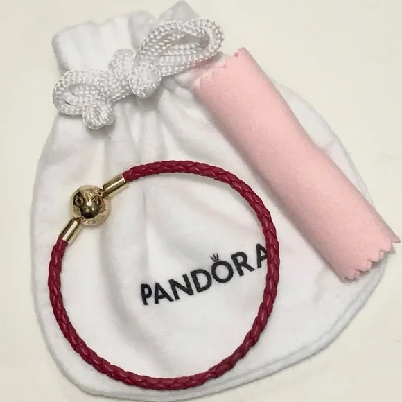 🌹🍃New Authentic Pandora Red Woven Leather 18k Gold Shine Round Clasp Bracelet🍃🌹 - Picture 8 of 9